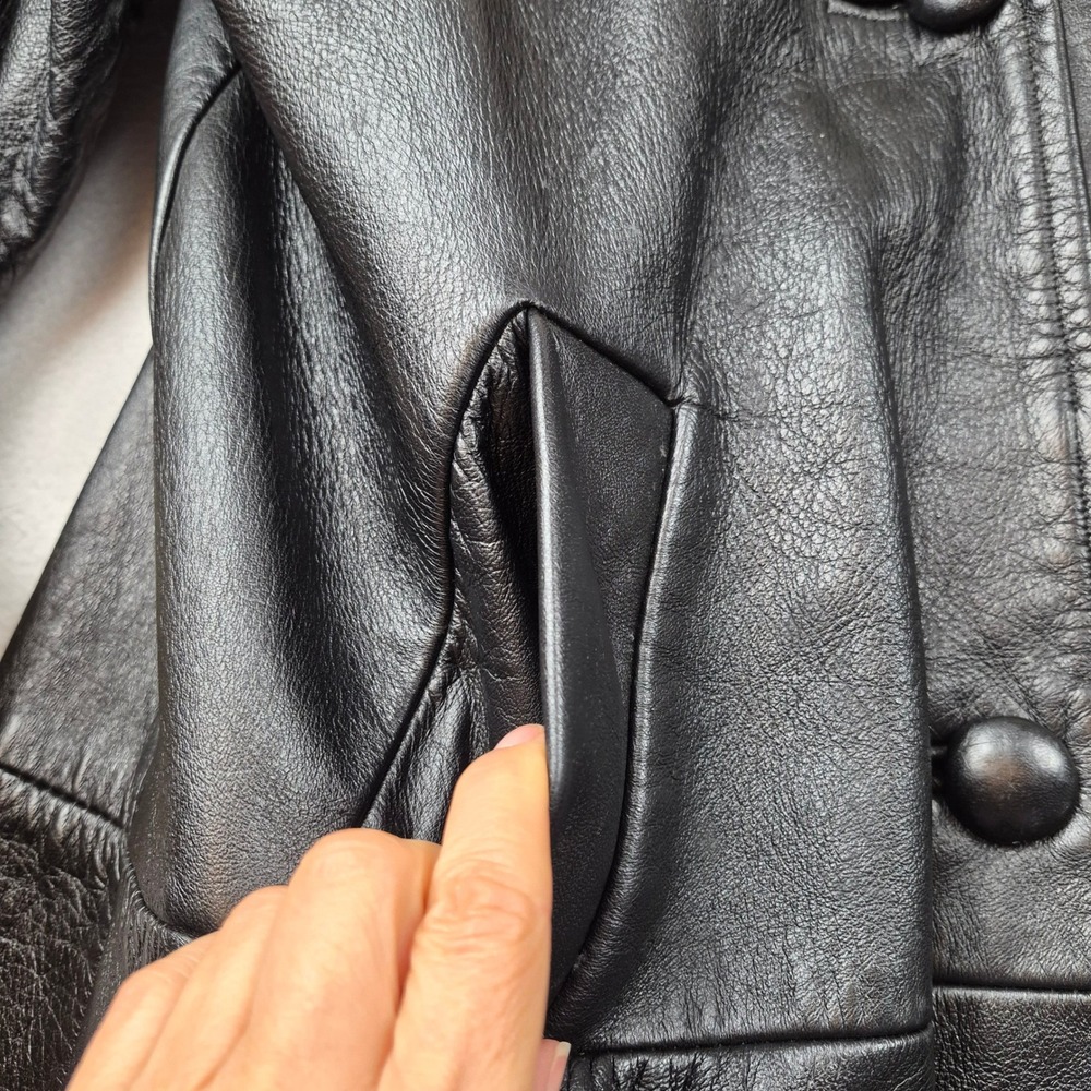 Vintage Black Leather Trench Coat Genuine Fur Collar Cuffs Size 14 Mid Length - Picture 11 of 16